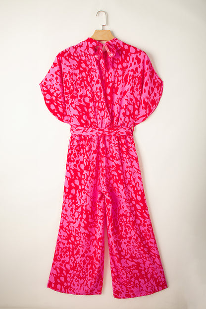 Roze luipaard losse mouwgordel met een wide been jumpsuit