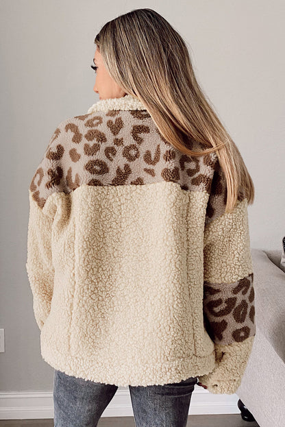 Beige leopard patchwork snap buttons sherpa jacke