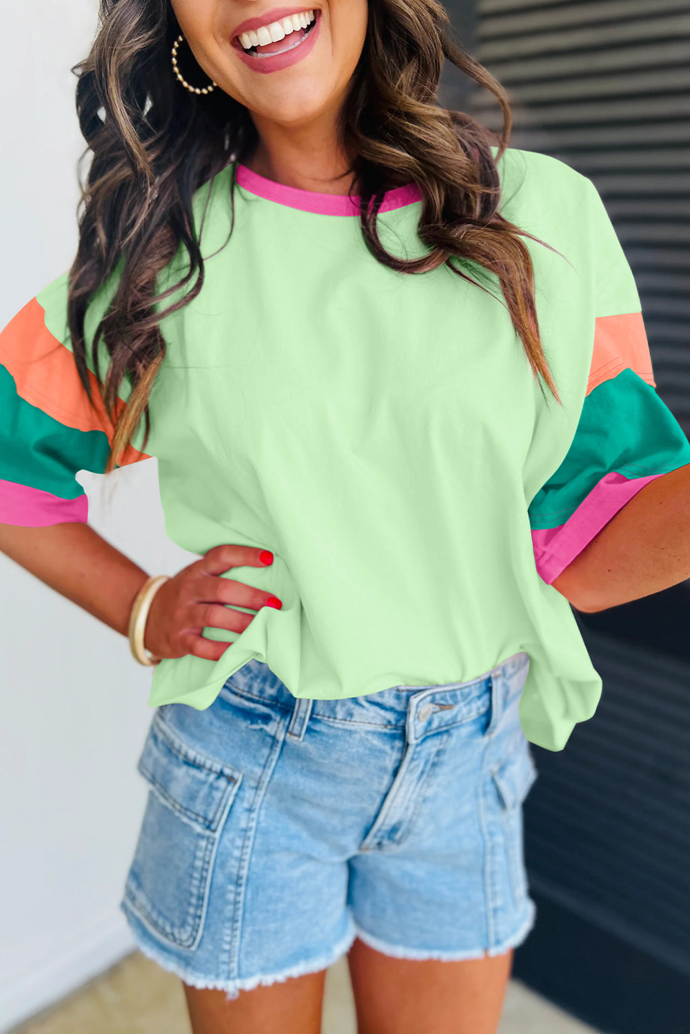 Groene kleurblok stikbare mouwen cirkelvormige halslijn oversized top