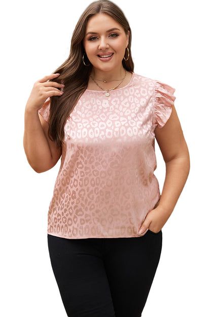 Rosa plus größe leopard druck geraffte flatterärmel satin bluse