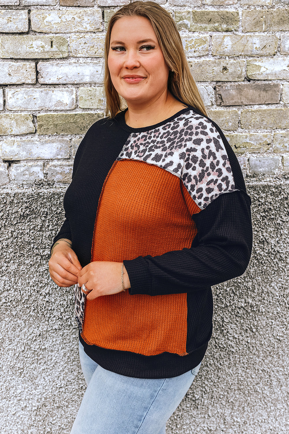 Schwarz orange colorblock leopard patchwork waffel stricken plus größe top