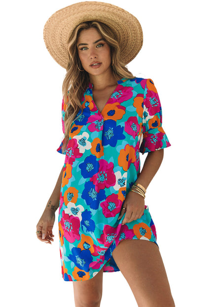 Multicolor split v kragen ruffle sleeve floral shift dress