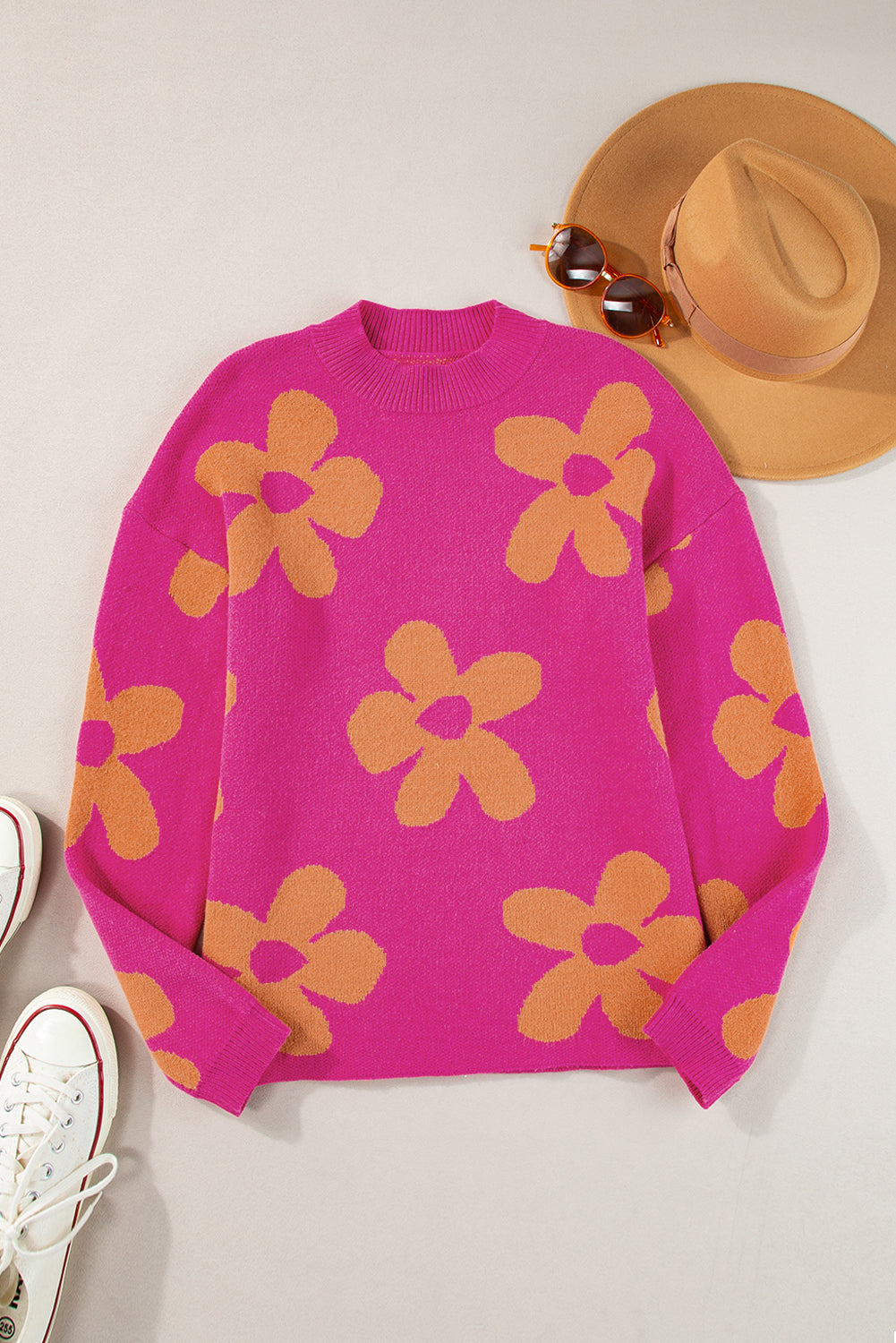 Rose große blume muster mock neck long sleeve pullover