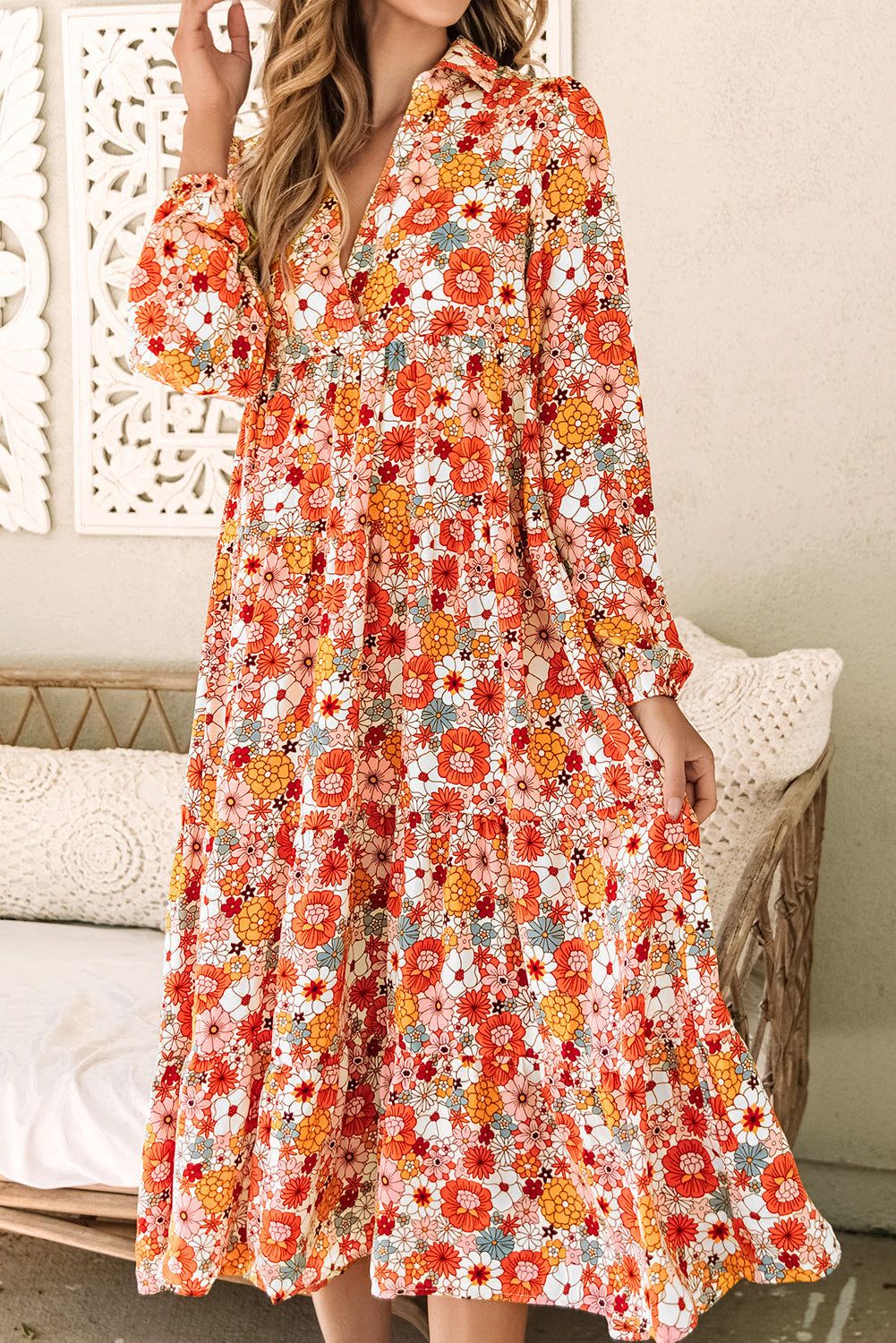 Multicolor Boho Floral Collared Long -Sleeveved, Roted Dress