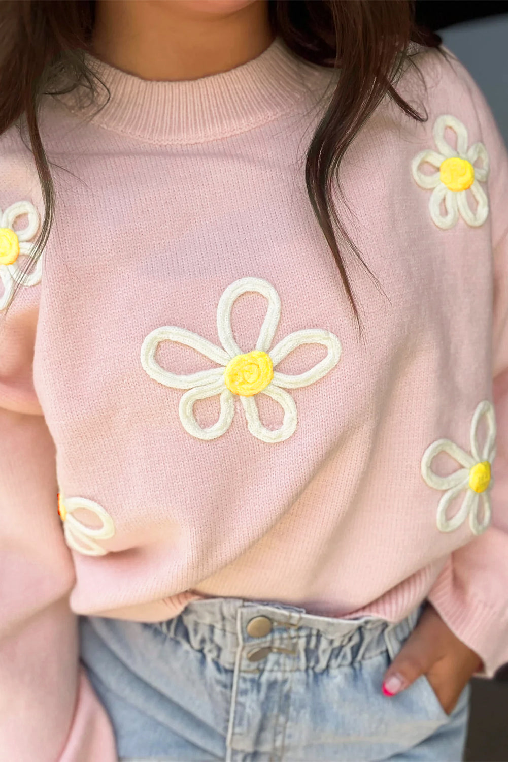 Rosa Chenille Daisy Stitching Circular Halsline Sweater