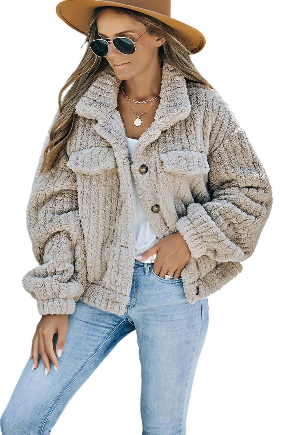 Khaki unifarbene plüsch fleece jacke mit knopfleiste