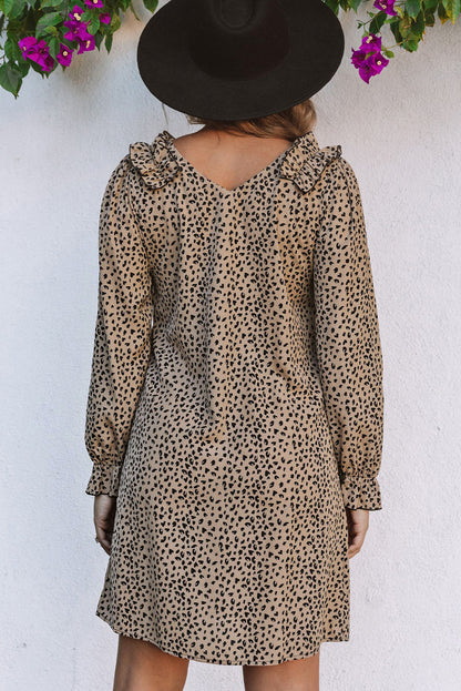 Khaki leopard rüschenbesatz v-ausschnitt kleid