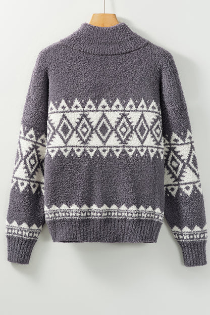 Gray Western Sweater met een geometrische opdruk en kwart -zipper