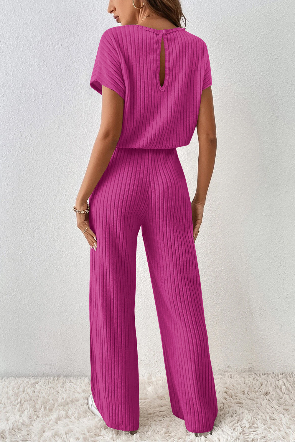 Roze rood vol -tone kleurribben kort -zoves wide been jumpsuit