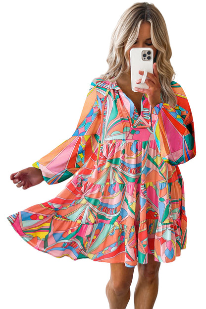 Multicolor geometrischer druck teilungsausschnitt rüschen gestreiftes minikleid