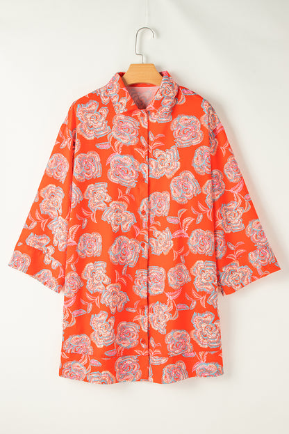 Rood shirt met bloemendruk en omgekeerde kraag losse mini -jurk