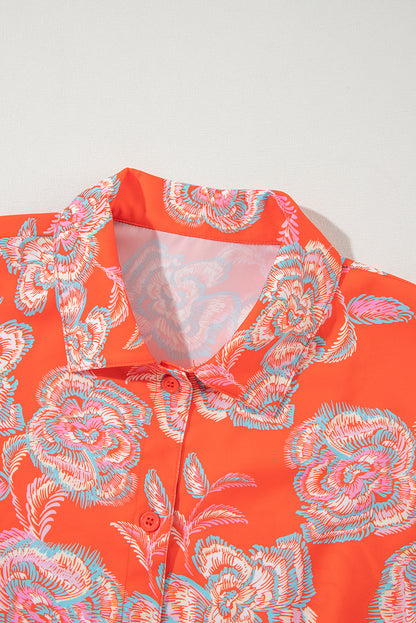 Rood shirt met bloemendruk en omgekeerde kraag losse mini -jurk