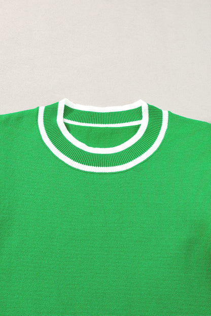 Bright Green Border Piping verzamelde mouwen Circulaire halslijn gebreide T -shirt