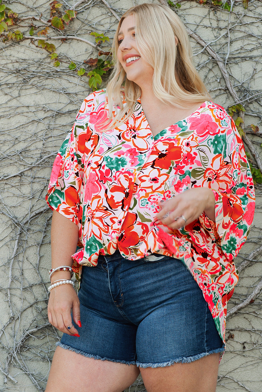 Rose plus größe floral print kimono ärmel shirt