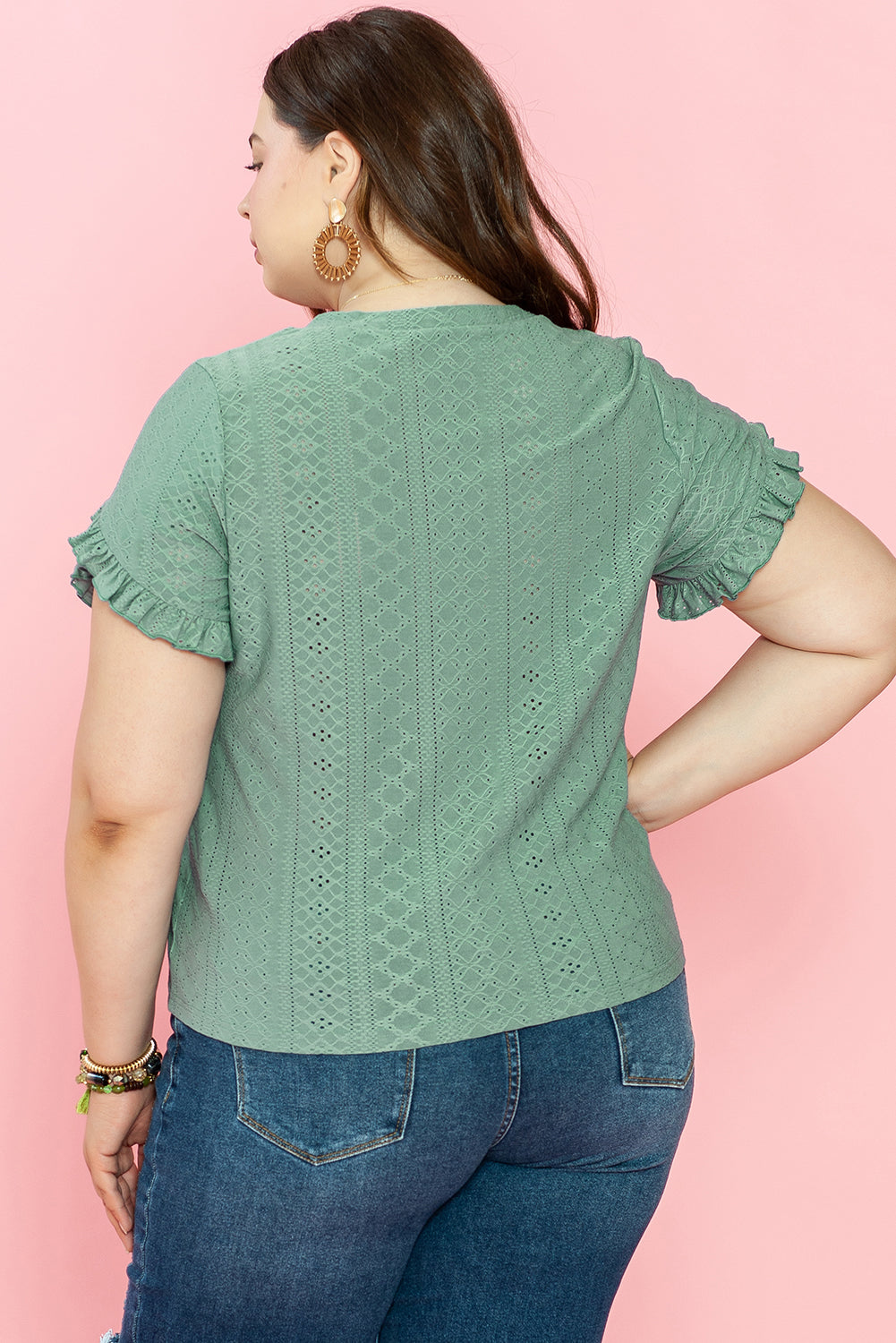 Laurel grün blütenblatt ärmel jacquard v hals kurvige bluse