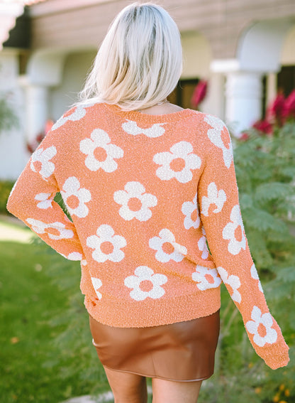 Grapefruit orange fuzzy floral gestrickter pullover mit hängenden schultern