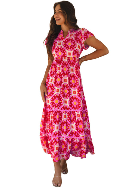 Strawberrosa Geo-print Maxikleid met V-halslijn