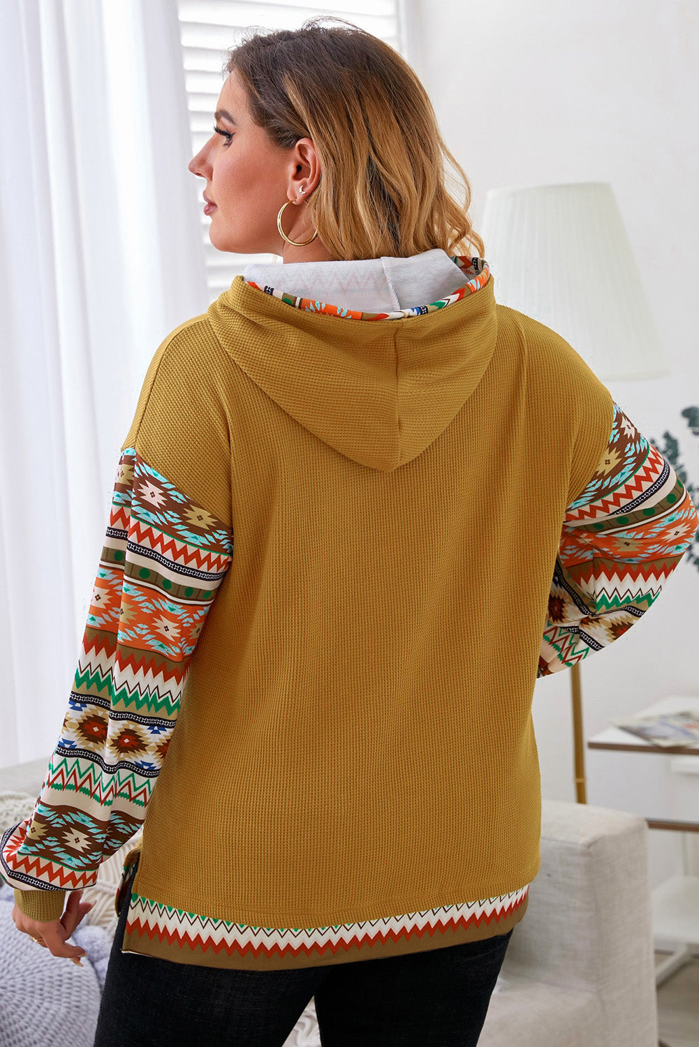 Camel aztec patchwork ärmel waffel kordelzug plus kapuzenpulli