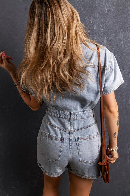 Hellblauer vintage gewassen knoppen Pocket Denim Romper