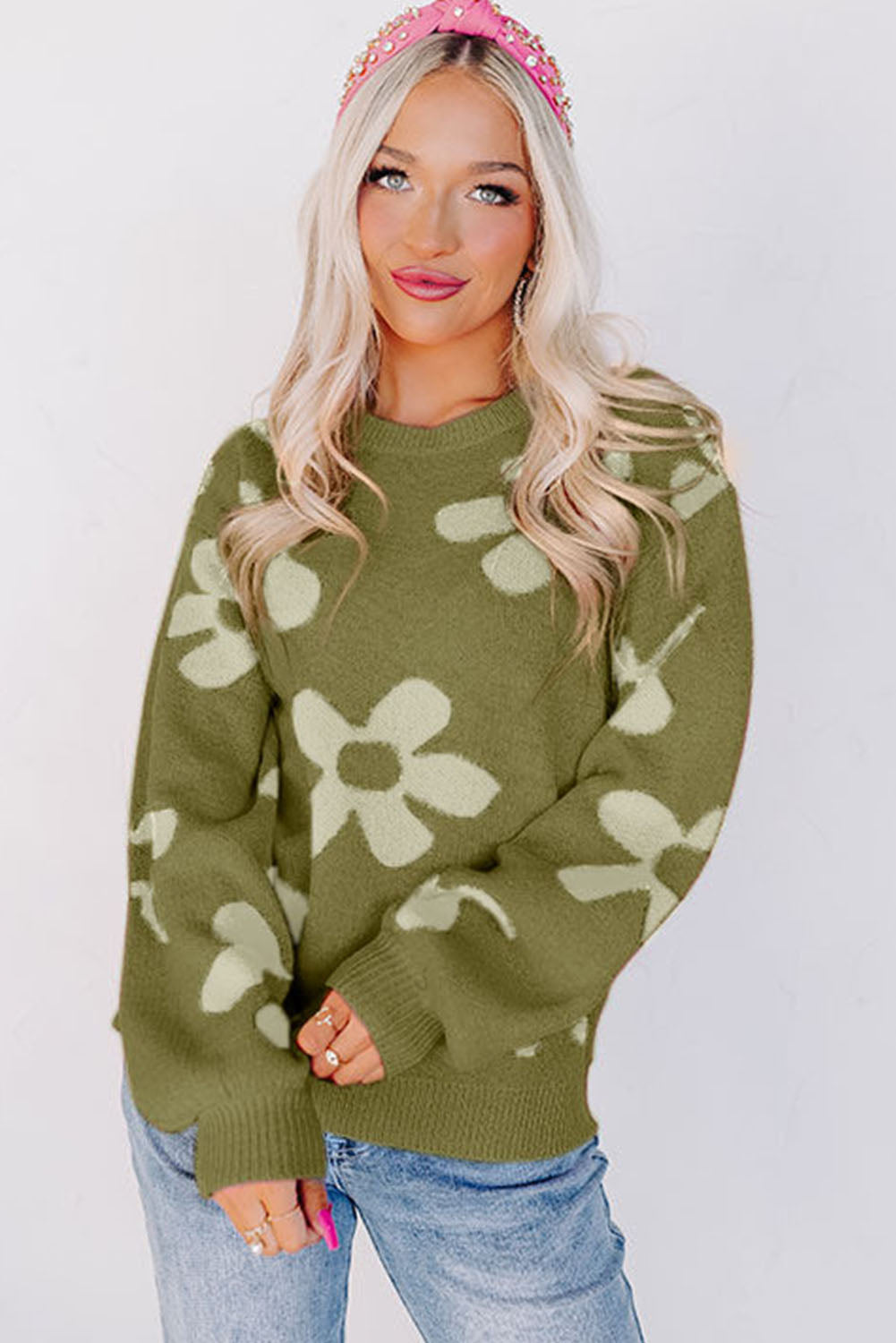 Spinat Green Sweater met grote bloem- en ribbreienpatroon