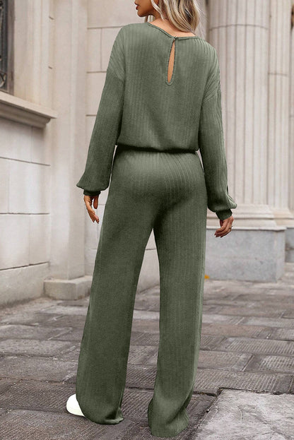 LAUREL GREEN FULL RIB -trim sleutelgat terug hoge taille jumpsuit