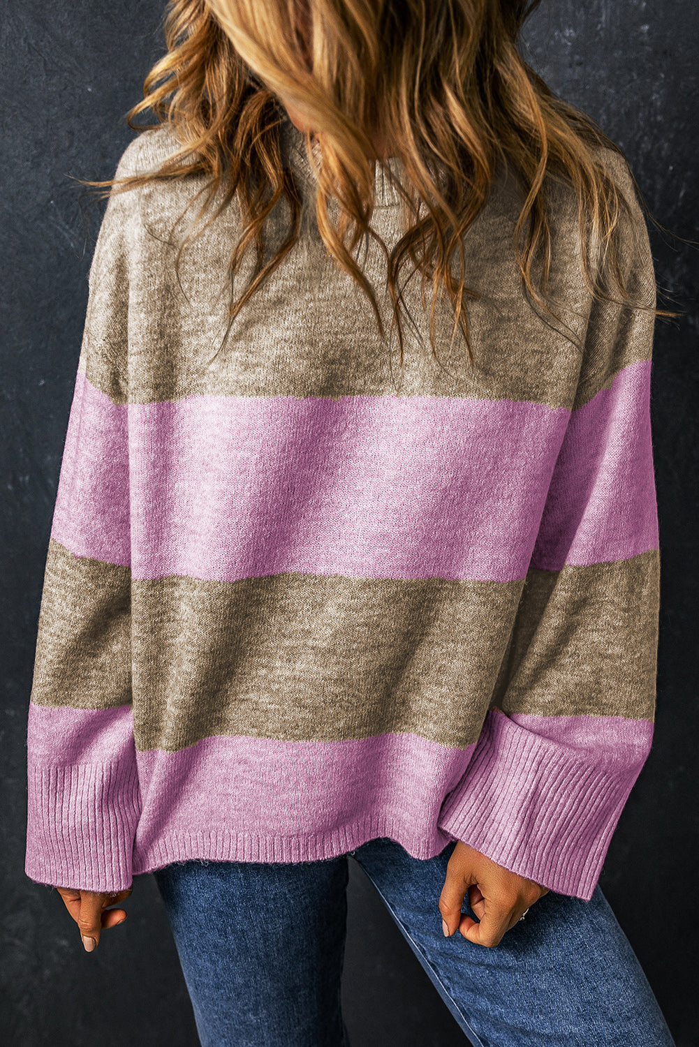 Rosa streifen rundhalsausschnitt mit weiten ärmeln colorblock pullover