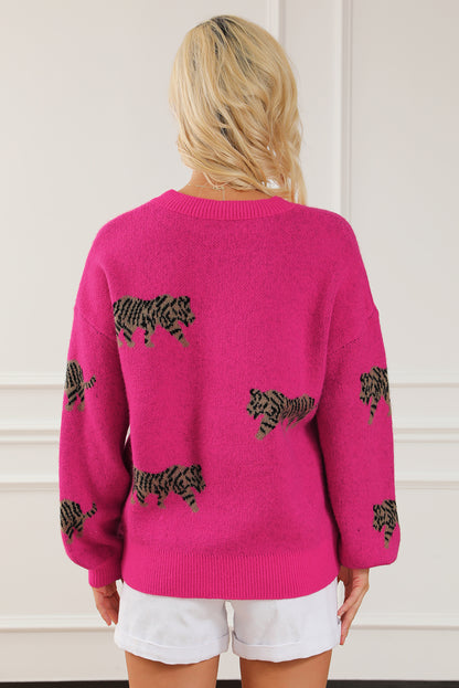 Rose Red Fierce Animal Pattern Casual Sweater gebreid