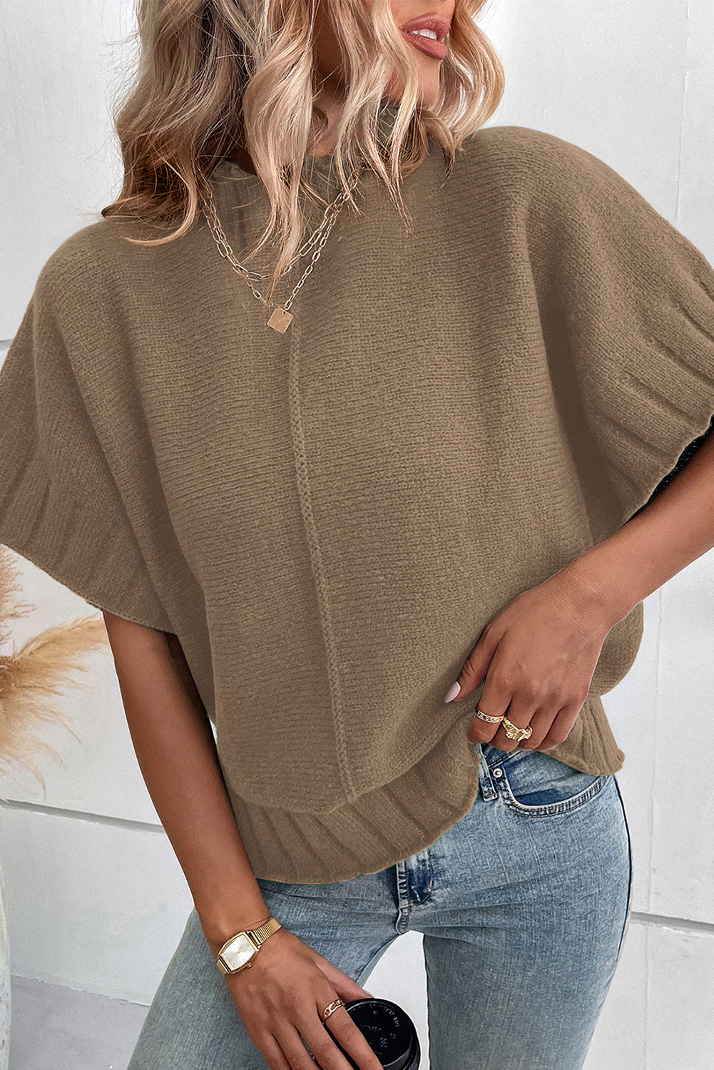 Desert palm mock neck batwing kurzarm-strickpullover