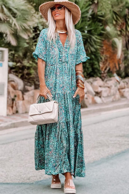 Himmelblaues paisley print boho holiday ruffle tiered maxi dress