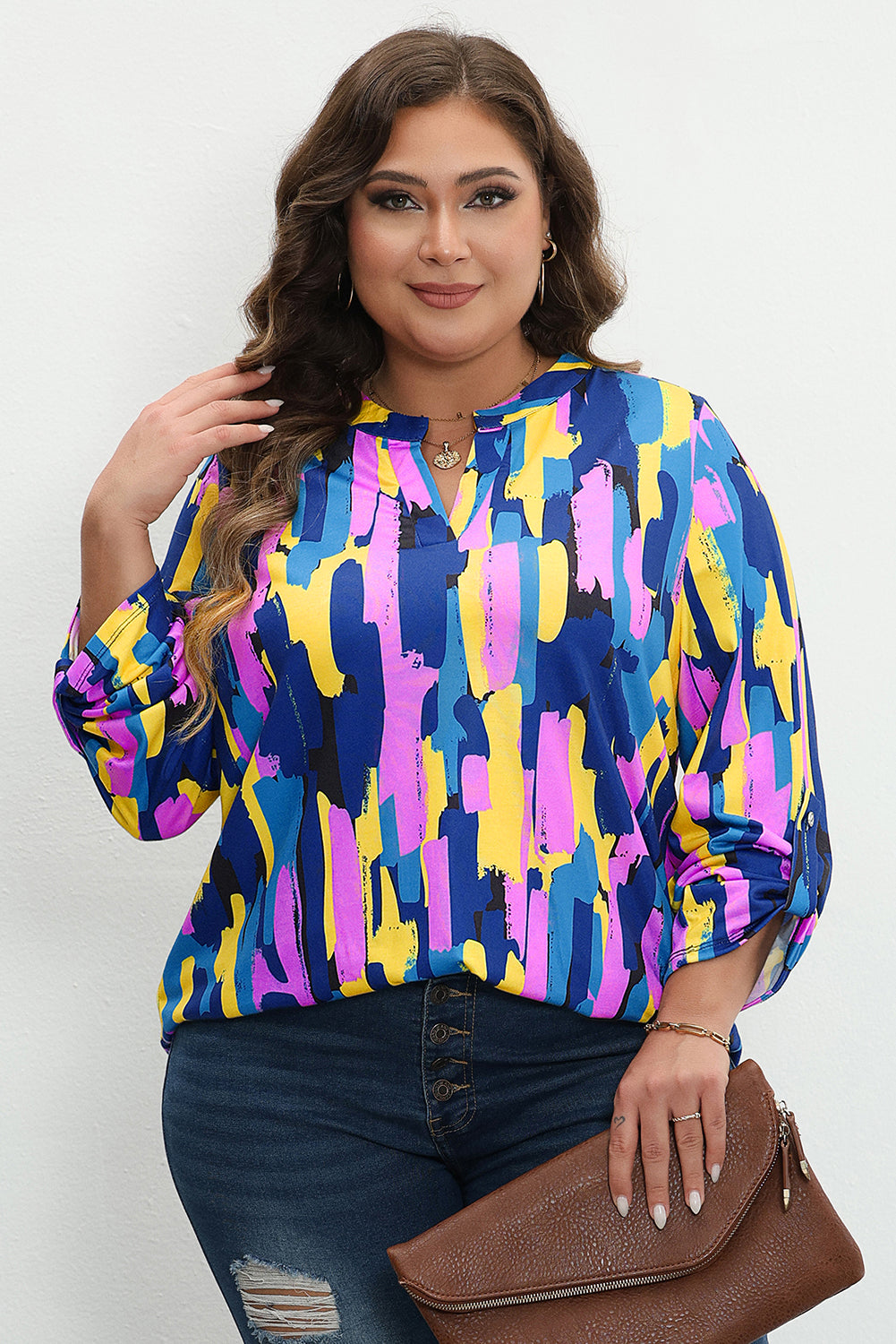 Blaue plus size pinselstrich druck 3/4 ärmel bluse