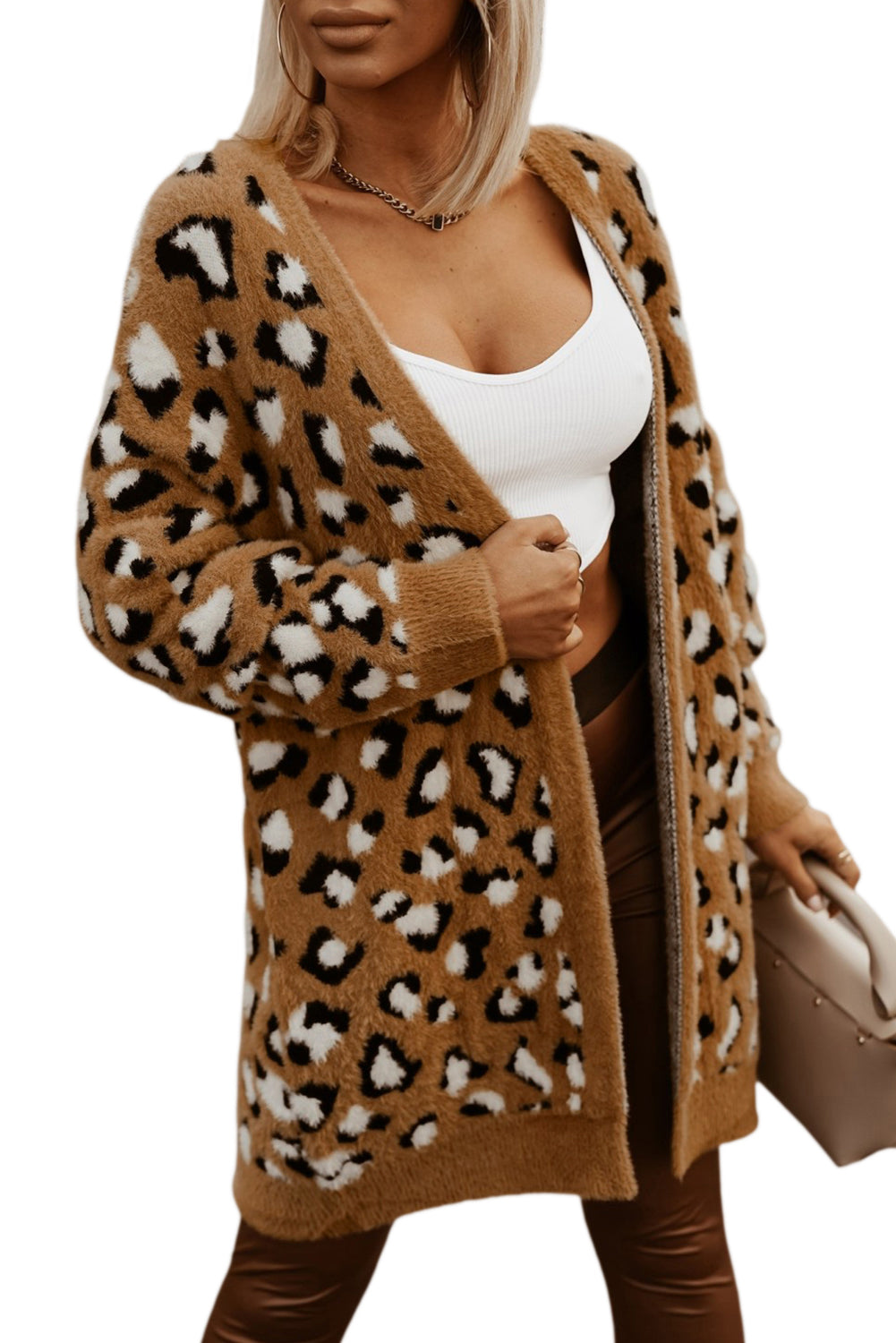 Brauner pelz-cardigan mit leopardenmuster