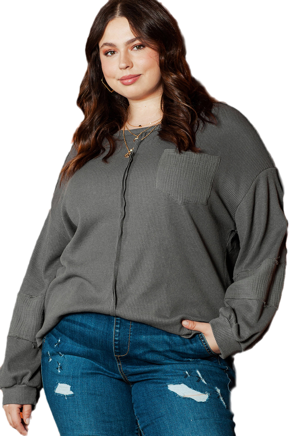 Dunkelgraues plus size crinkle-patchwork-top mit offener naht