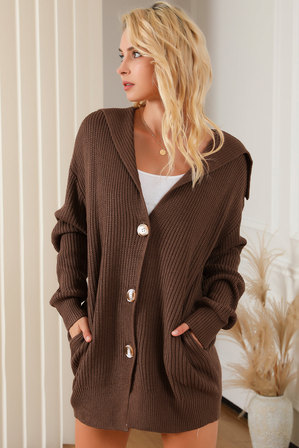 Brown chunky knit reverskragen knopfleiste cardigan