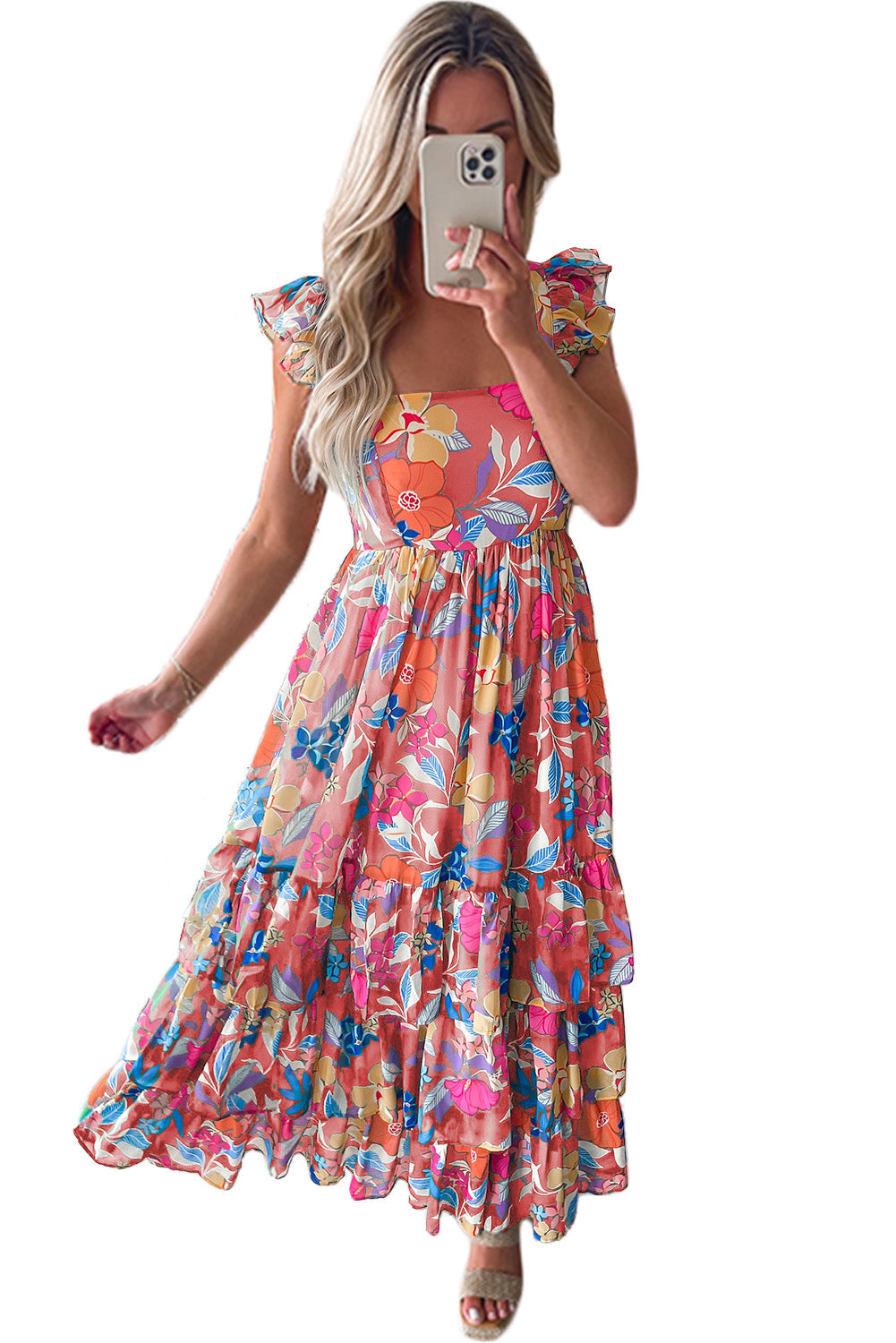 Pinkes ärmelloses maxikleid mit blumenmuster und rüschenbesatz