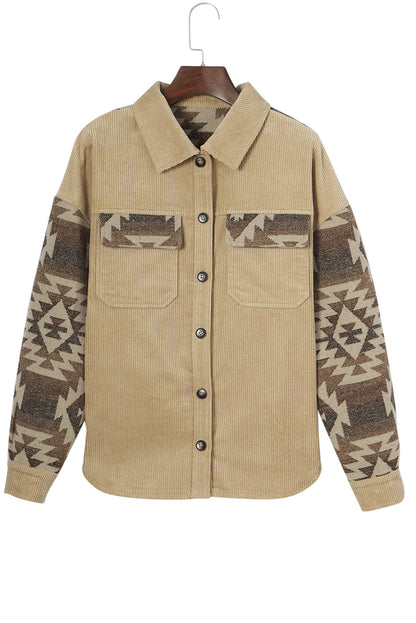 Khaki aztekenmuster patchwork ausgefranste kordjacke