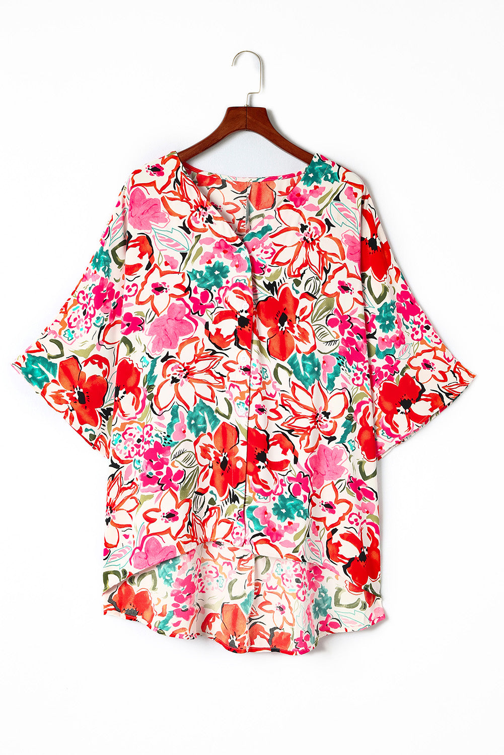 Rose plus größe floral print kimono ärmel shirt