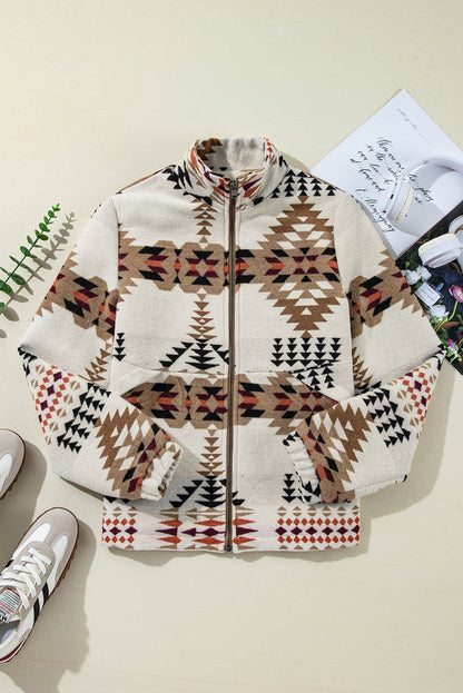 Beige aztekisch bedruckte jacke mit stehkragen und reißverschluss