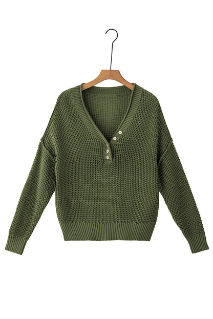 Pickle grüner pointelle strickpullover mit v-ausschnitt und tropfenschulter