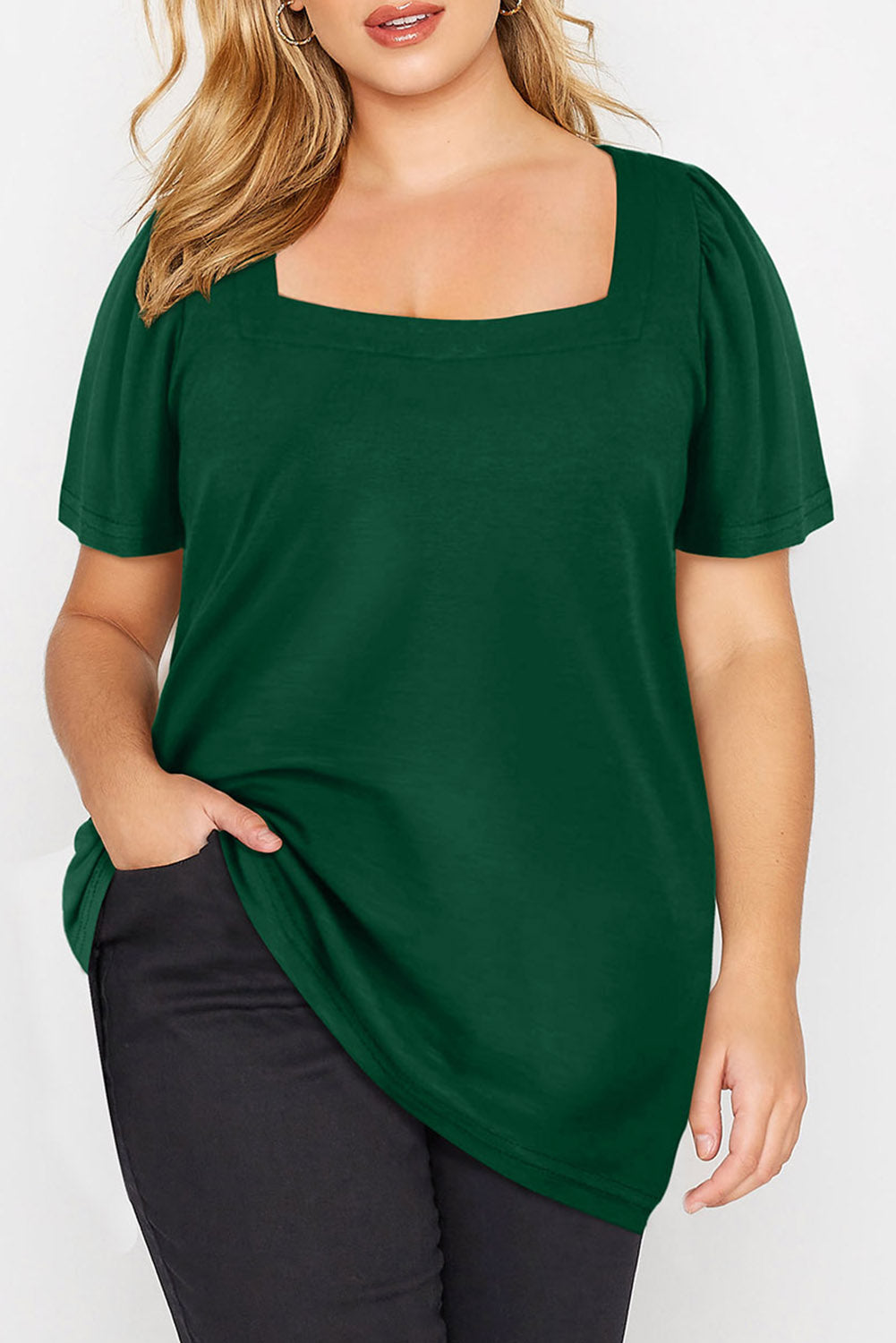 Grünes plus size quadratischer hals geraffte schulter kurzarm top