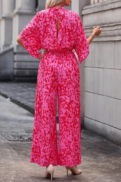 Roze luipaard losse mouwgordel met een wide been jumpsuit