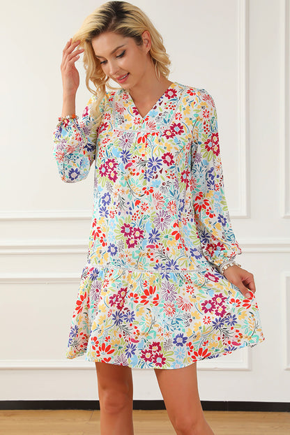 Meerkleurige bloemen kanten eyelet v-neck mini-jurk