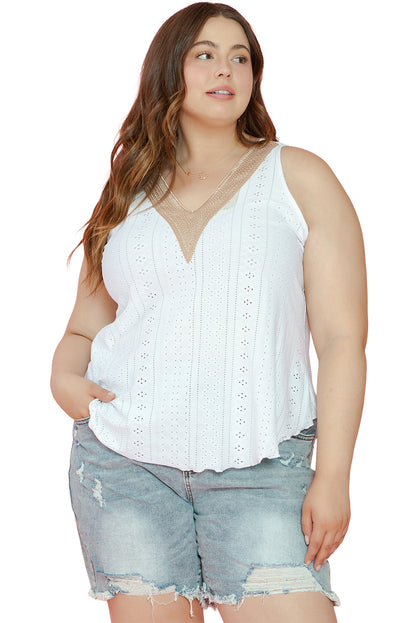 Weißes plus size guipure v hals öse spitze tank top