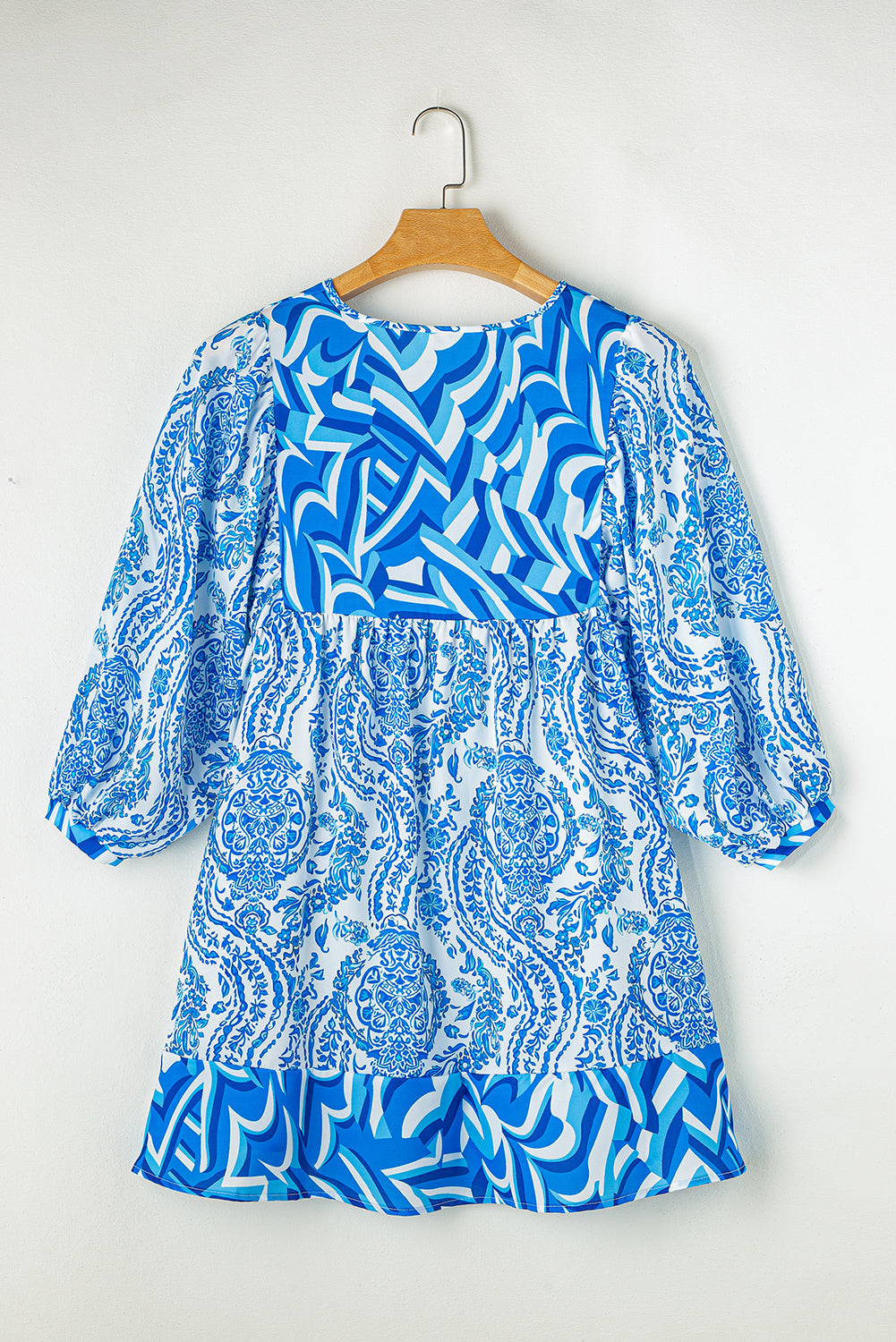 Himmelblau Boheemse print Puff Sleeve Tied V Neck uitlopende mini -jurk