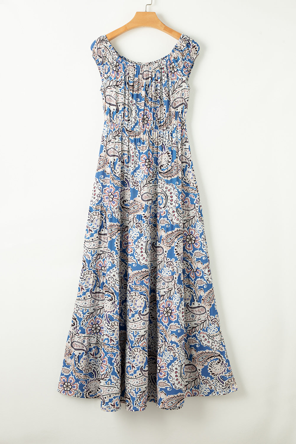 Blue Boho Paisley Print Schouder -Vrije maxi -jurk