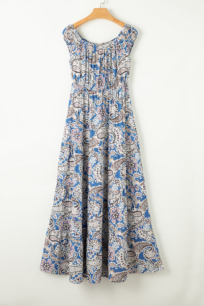 Blue Boho Paisley Print Schouder -Vrije maxi -jurk