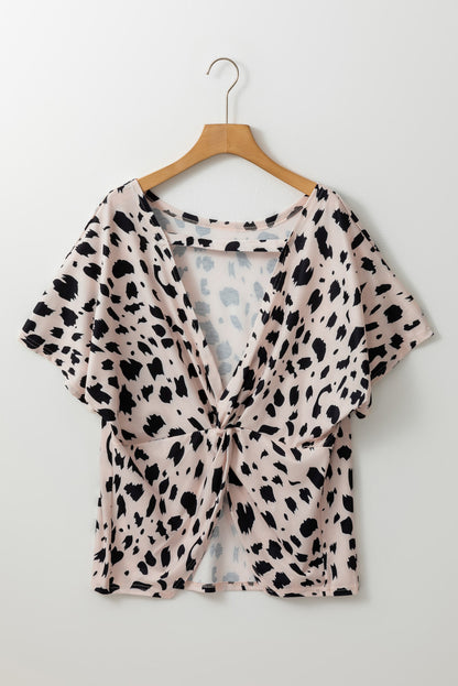 Khaki leopard print twist open back plus size top