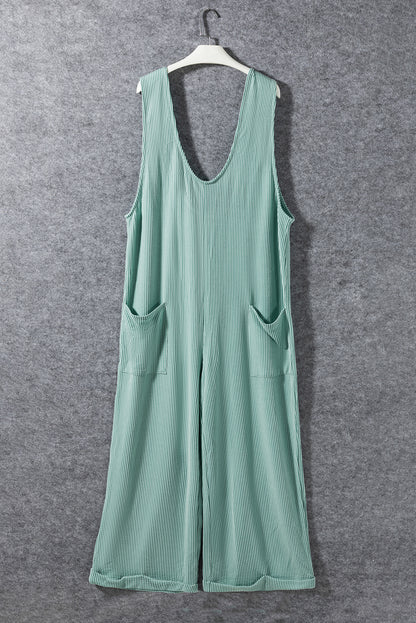 Moonlight Jade Cordelstroker Riemen V-Neck Een wide been jumpsuit