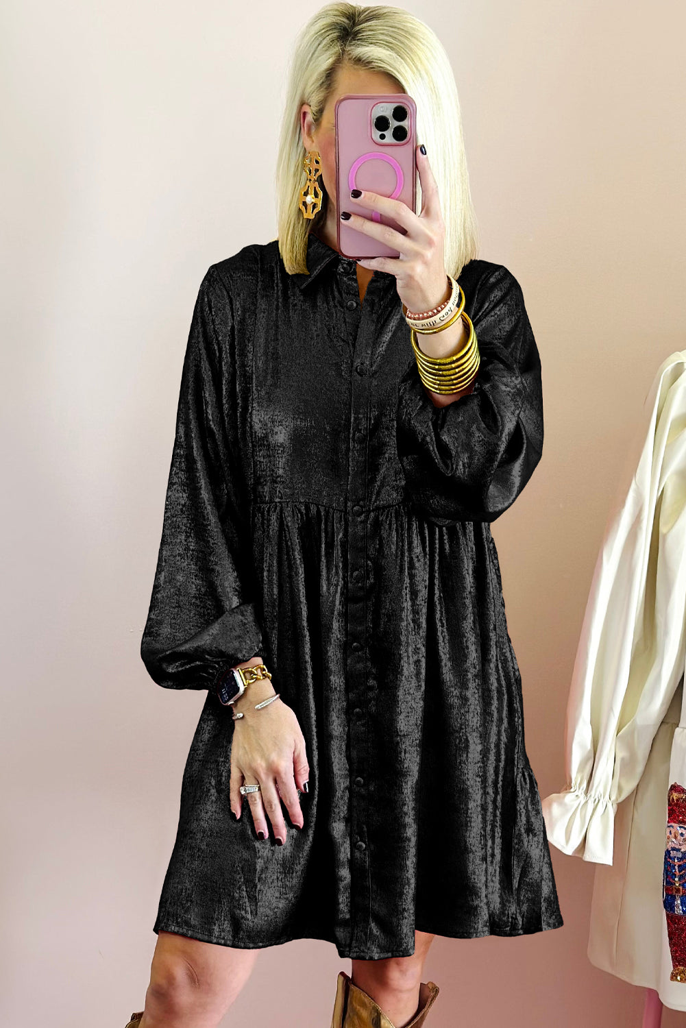 Zwarte metallic Gloss Puff Sleeve Button Up Mini Shirt Dress