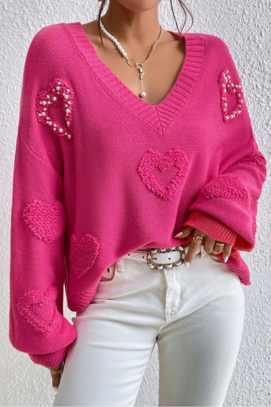 Rose Red, Pearl Decorated Sweater met een V-Neck en Fluffy Heart