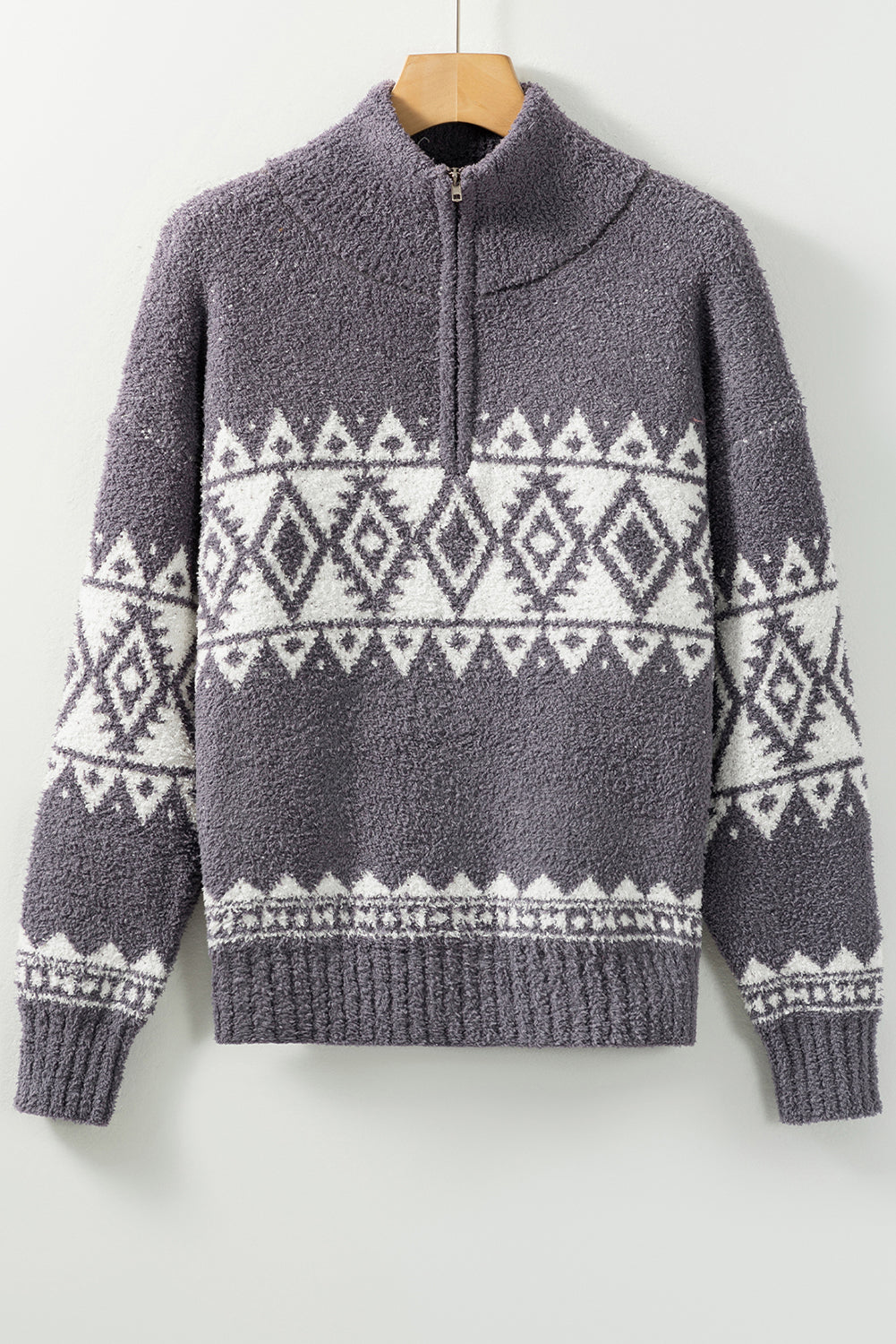 Gray Western Sweater met een geometrische opdruk en kwart -zipper